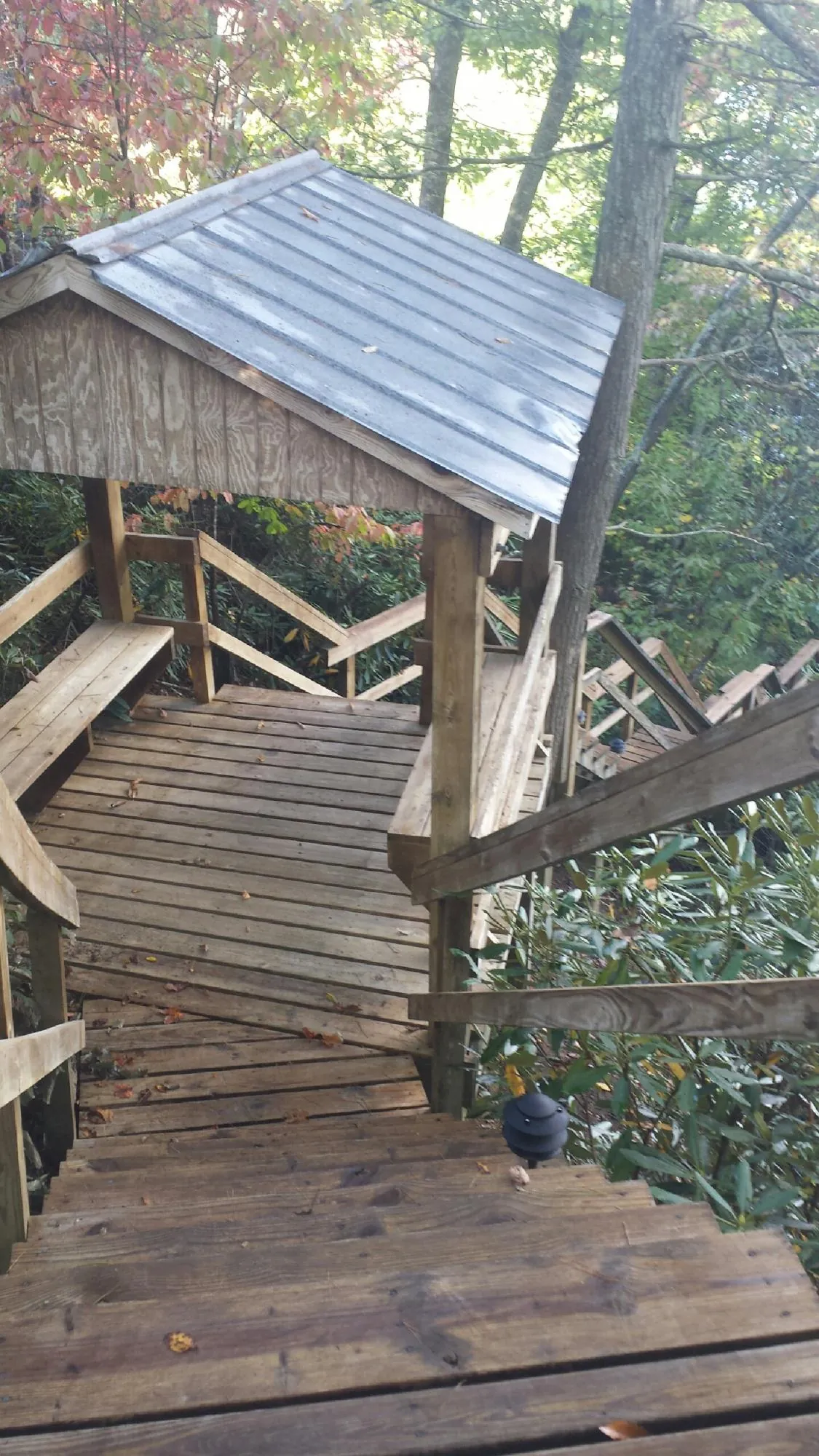 Metal roofed shelter over wooden steps on a wooded walkway — Skylight Repair & Installation work by our crew in Alex